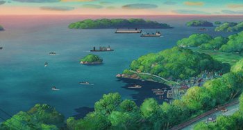 Movie still from “Ponyo” (2008), directed by Hayao Miyazaki – A painting of a body of water with boats in the water; Extreme Wide shot, High angle