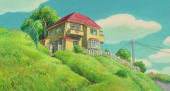 Movie still from “Ponyo” (2008), directed by Hayao Miyazaki – A painting of a house on a hill with a picket fence; Extreme Wide shot, Low angle