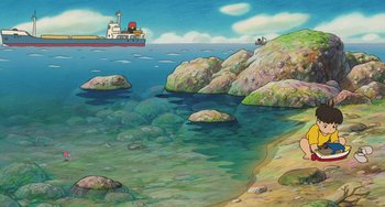 Movie still from “Ponyo” (2008), directed by Hayao Miyazaki – An illustration of a boat in the water; Extreme Wide shot, High angle