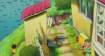 Movie still from “Ponyo” (2008), directed by Hayao Miyazaki – An illustration of a path in the middle of a house; Extreme Wide shot, High angle