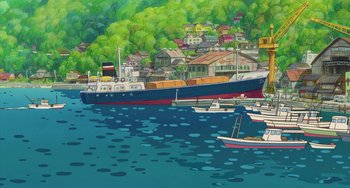 Movie still from “Ponyo” (2008), directed by Hayao Miyazaki – A painting of boats in the water near the shore; Extreme Wide shot, High angle