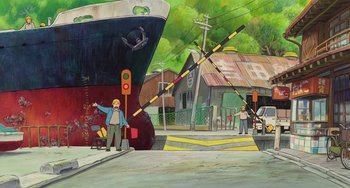 Movie still from “Ponyo” (2008), directed by Hayao Miyazaki – An illustration of a man directing traffic on a street; Extreme Wide shot, Low angle