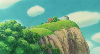 Movie still from “Ponyo” (2008), directed by Hayao Miyazaki – A painting of a house on top of a hill; Extreme Wide shot, Low angle