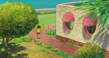 Movie still from “Ponyo” (2008), directed by Hayao Miyazaki – An illustration of a person walking down a path near a building; Extreme Wide shot, High angle