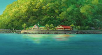 Movie still from “Ponyo” (2008), directed by Hayao Miyazaki – A painting of houses on the shore of a body of water; Extreme Wide shot, High angle