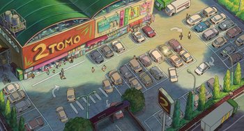 Movie still from “Ponyo” (2008), directed by Hayao Miyazaki – An overhead view of a parking lot with many cars parked in it; Extreme Wide shot, Overhead angle