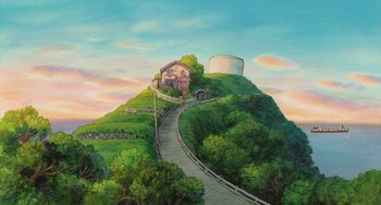 Movie still from “Ponyo” (2008), directed by Hayao Miyazaki – A painting of a house on top of a hill; Extreme Wide shot, Low angle