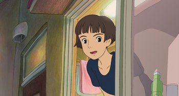Movie still from “Ponyo” (2008), directed by Hayao Miyazaki – A cartoon of a woman looking out a window; Close Up shot, Over the shoulder angle
