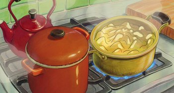 Movie still from “Ponyo” (2008), directed by Hayao Miyazaki – An illustration of a pot of macaroni and cheese on the stove; Extreme Close Up shot, Overhead angle
