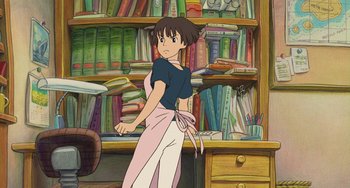 Movie still from “Ponyo” (2008), directed by Hayao Miyazaki – An anime character standing in front of bookshelves; Medium shot, Low angle