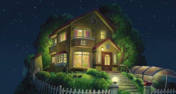 Movie still from “Ponyo” (2008), directed by Hayao Miyazaki – An illustration of a house with a fence and a picket fence around it; Extreme Wide shot, Low angle