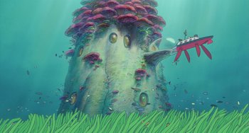 Movie still from “Ponyo” (2008), directed by Hayao Miyazaki – An underwater scene with a person in a boat and a giant mushroom; Extreme Wide shot, High angle