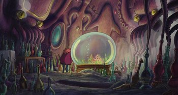 Movie still from “Ponyo” (2008), directed by Hayao Miyazaki – An artistic painting of a woman looking into a bubble filled with bubbles; Extreme Wide shot, High angle