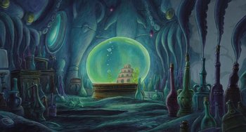 Movie still from “Ponyo” (2008), directed by Hayao Miyazaki – An oil painting of an aquarium in the middle of the sea; Extreme Wide shot, High angle