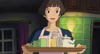 Movie still from “Ponyo” (2008), directed by Hayao Miyazaki – A woman holding a tray with a tray of tea and cups; Medium shot, Over the shoulder angle