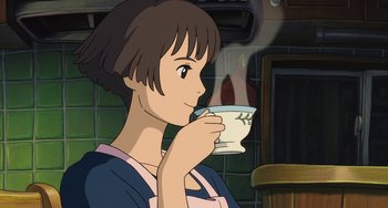 Movie still from “Ponyo” (2008), directed by Hayao Miyazaki – A woman holding a tea cup in her hand; Close Up shot, Over the shoulder angle