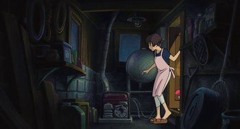 Movie still from “Ponyo” (2008), directed by Hayao Miyazaki – An animated scene of a woman in a kitchen; Wide shot, High angle