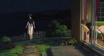 Movie still from “Ponyo” (2008), directed by Hayao Miyazaki – An animated picture of a person standing in a yard; Extreme Wide shot, High angle