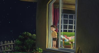 Movie still from “Ponyo” (2008), directed by Hayao Miyazaki – A boy standing in front of a window looking outside; Extreme Wide shot, High angle
