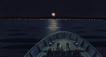 Movie still from “Ponyo” (2008), directed by Hayao Miyazaki – A painting of a boat in the water at night; Extreme Wide shot, High angle