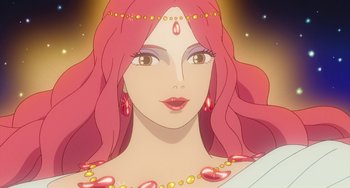 Movie still from “Ponyo” (2008), directed by Hayao Miyazaki – A woman with long pink hair wearing a necklace and earrings; Close Up shot, Low angle