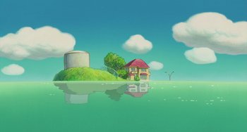 Movie still from “Ponyo” (2008), directed by Hayao Miyazaki – An animated house sitting on top of an island in the middle of the ocean; Extreme Wide shot, High angle