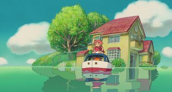 Movie still from “Ponyo” (2008), directed by Hayao Miyazaki – An animated scene of a house and a boat with a person on it; Extreme Wide shot, High angle