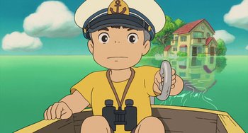 Movie still from “Ponyo” (2008), directed by Hayao Miyazaki – A cartoon of a boy with binoculars wearing a sailor's hat; Close Up shot, High angle