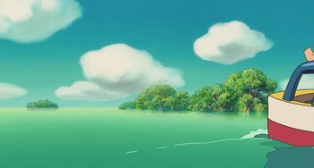 Movie still from “Ponyo” (2008), directed by Hayao Miyazaki – An illustration of a green ocean with a bunch of clouds above it; Extreme Wide shot, Low angle