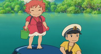 Movie still from “Ponyo” (2008), directed by Hayao Miyazaki – A cartoon of a boy and a girl in the water; Medium shot, High angle