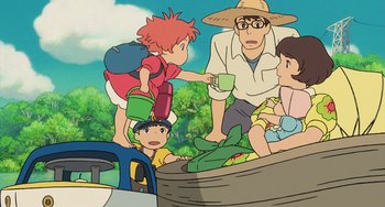 Movie still from “Ponyo” (2008), directed by Hayao Miyazaki – An illustration of a man and two children; Wide shot, High angle