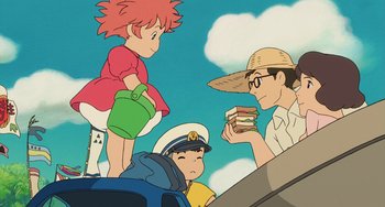Movie still from “Ponyo” (2008), directed by Hayao Miyazaki – An animated picture of a man and two children; Medium shot, Over the shoulder angle