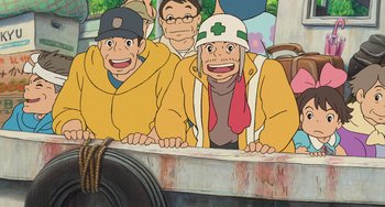 Movie still from “Ponyo” (2008), directed by Hayao Miyazaki – A group of three men standing next to each other; Medium shot, High angle