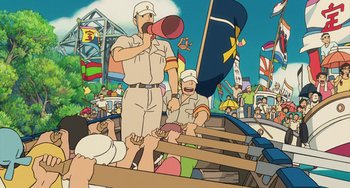 Movie still from “Ponyo” (2008), directed by Hayao Miyazaki – An illustration of a crowd of people at a carnival; Medium shot, Low angle