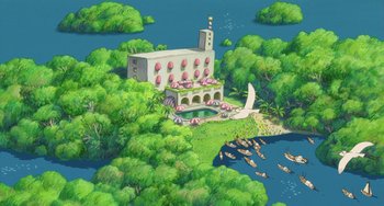 Movie still from “Ponyo” (2008), directed by Hayao Miyazaki – An aerial view of a building and a body of water; Extreme Wide shot, High angle