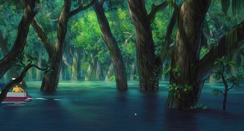 Movie still from “Ponyo” (2008), directed by Hayao Miyazaki – A painting of trees in the middle of a lake; Extreme Wide shot, High angle