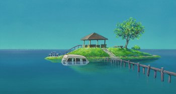 Movie still from “Ponyo” (2008), directed by Hayao Miyazaki – An island with a gazebo on top of it and a boat in the middle of the water; Extreme Wide shot, Low angle