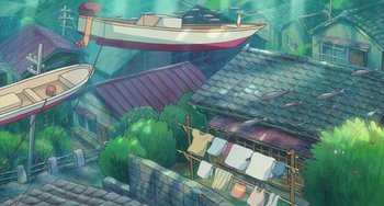 Movie still from “Ponyo” (2008), directed by Hayao Miyazaki – An illustration of a boat in the middle of a city; Extreme Wide shot, High angle