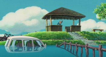Movie still from “Ponyo” (2008), directed by Hayao Miyazaki – An artistic painting of a man standing on top of a gazebo near the water; Extreme Wide shot, Low angle