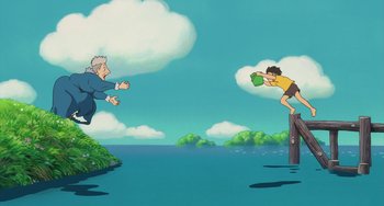 Movie still from “Ponyo” (2008), directed by Hayao Miyazaki – Two cartoon characters are fighting in the water; Wide shot, Low angle
