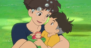 Movie still from “Ponyo” (2008), directed by Hayao Miyazaki – An illustration of a woman and a child holding a doll; Medium shot, High angle