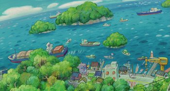 Movie still from “Ponyo” (2008), directed by Hayao Miyazaki – An illustration of boats in the water near the shore; Extreme Wide shot, High angle