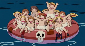 Movie still from “Porco Rosso” (1992), directed by Hayao Miyazaki – A group of people sitting on a raft in the water; Wide shot, High angle