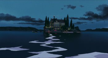 Movie still from “Porco Rosso” (1992), directed by Hayao Miyazaki – A painting of an island in a body of water at night; Extreme Wide shot, Low angle