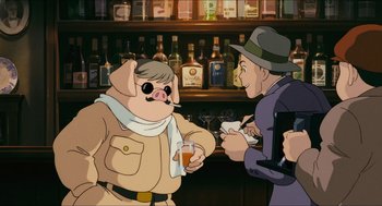 Movie still from “Porco Rosso” (1992), directed by Hayao Miyazaki – A cartoon of a man and a pig in a bar; Medium shot, Over the shoulder angle