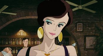 Movie still from “Porco Rosso” (1992), directed by Hayao Miyazaki – An animated picture of a woman in a bar; Close Up shot, Over the shoulder angle