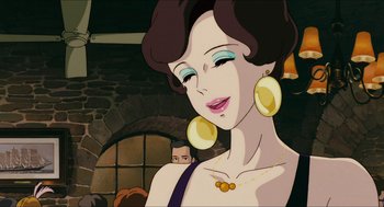 Movie still from “Porco Rosso” (1992), directed by Hayao Miyazaki – An animated picture of a woman in a dress and earrings; Close Up shot, Low angle