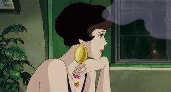 Movie still from “Porco Rosso” (1992), directed by Hayao Miyazaki – An animated picture of a woman with a gold earring; Close Up shot, Over the shoulder angle