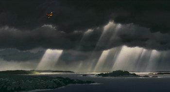 Movie still from “Porco Rosso” (1992), directed by Hayao Miyazaki – A plane flying in the sky under a cloudy sky; Extreme Wide shot, Low angle