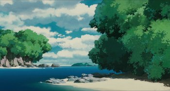 Movie still from “Porco Rosso” (1992), directed by Hayao Miyazaki – An oil painting of a body of water with trees in the background; Extreme Wide shot, High angle
